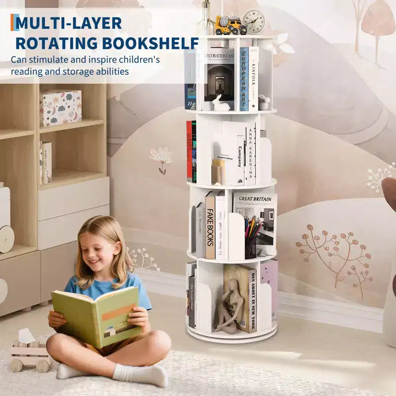 Étagère à livres rotative haute de 132 cm à 4 niveaux, organisateur de rangement en bois pivotant à 360° pour chambre, bibliothèque d'angle, pour bureau à domicile, salon et petits espaces