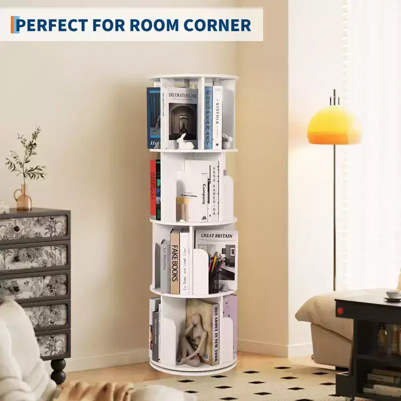 Étagère à livres rotative haute de 132 cm à 4 niveaux, organisateur de rangement en bois pivotant à 360° pour chambre, bibliothèque d'angle, pour bureau à domicile, salon et petits espaces