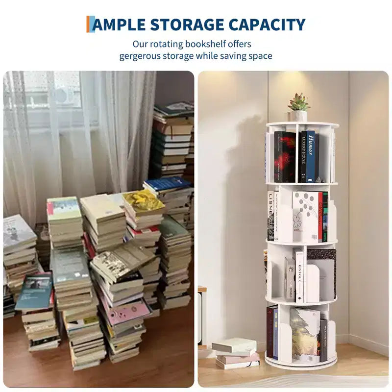 Étagère à livres rotative haute de 132 cm à 4 niveaux, organisateur de rangement en bois pivotant à 360° pour chambre, bibliothèque d'angle, pour bureau à domicile, salon et petits espaces