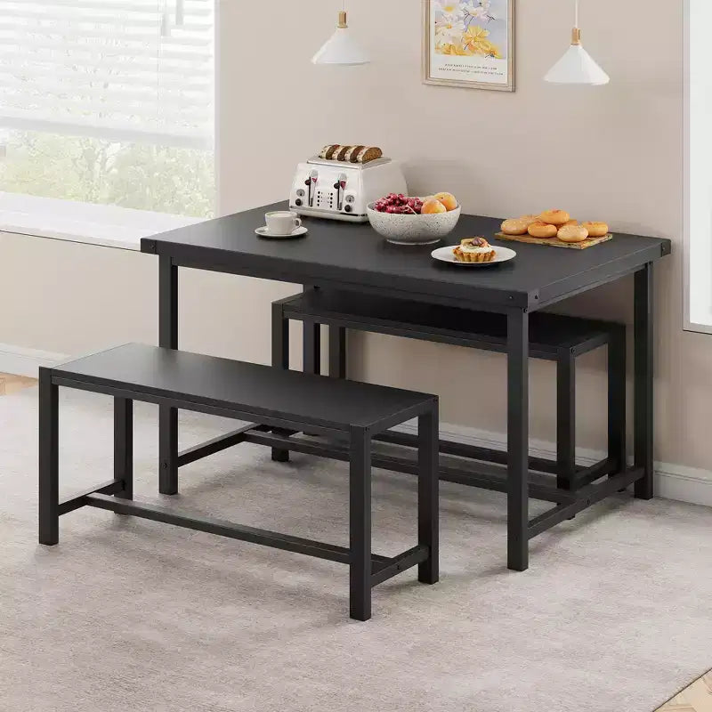 COZONY Ensemble de salle à manger 3 pièces pour 4 personnes, table de cuisine en bois avec 2 bancs, mobilier de dînette peu encombrant pour les petits espaces et les appartements