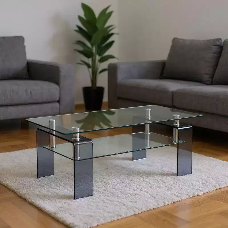HomeRoots 39 Clear and Black Glass Coffee Table With Shelf