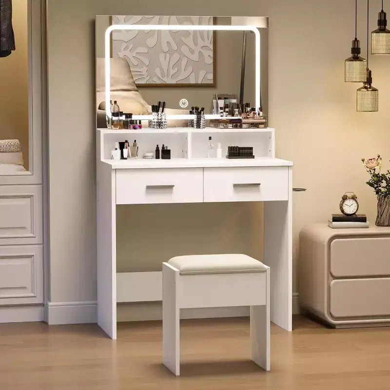 Coiffeuse avec miroir LED réglable 3 couleurs, petite table de maquillage avec prise de courant et 2 tiroirs, coiffeuse moderne et tabouret rembourré.