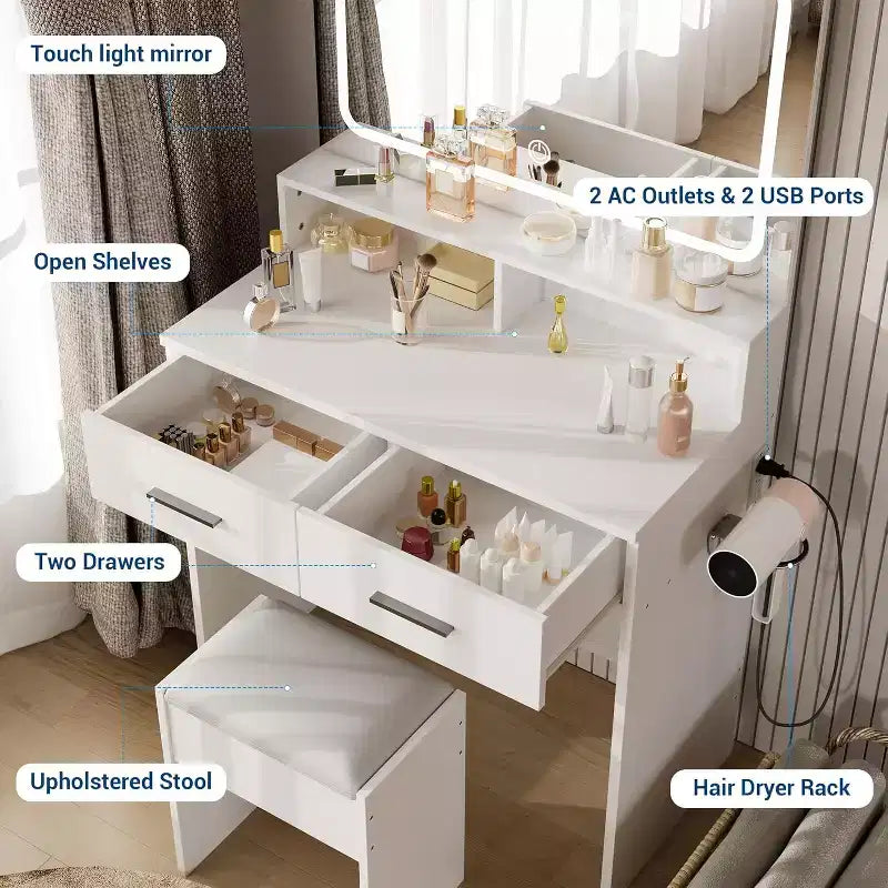 Coiffeuse avec miroir LED réglable 3 couleurs, petite table de maquillage avec prise de courant et 2 tiroirs, coiffeuse moderne et tabouret rembourré.