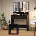 Vanity Set with 3-Color Adjustable LED Mirror, Small Makeup Desk with Power Outlet and 2 Drawers, Modern Dressing Table and Cushion Stool Set