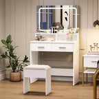 Coiffeuse avec miroir LED réglable 3 couleurs, petite table de maquillage avec prise de courant et 2 tiroirs, coiffeuse moderne et tabouret rembourré.