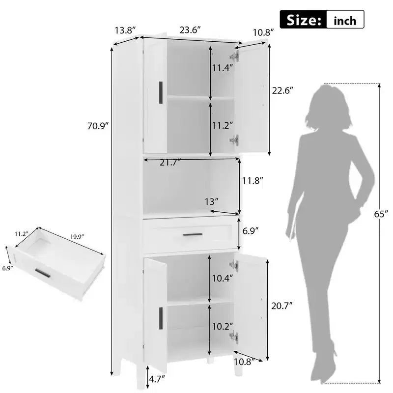 Meuble de salle de bain autoportant haut Okak avec portes et tiroirs/étagères, unité de rangement au sol pour salle de bain, cuisine