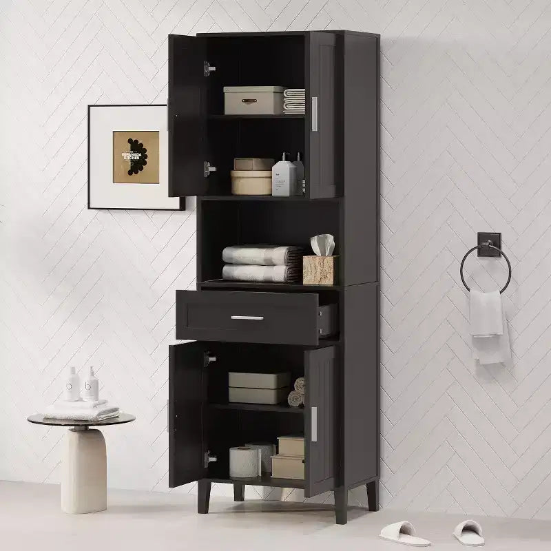 Meuble de salle de bain autoportant haut Okak avec portes et tiroirs/étagères, unité de rangement au sol pour salle de bain, cuisine