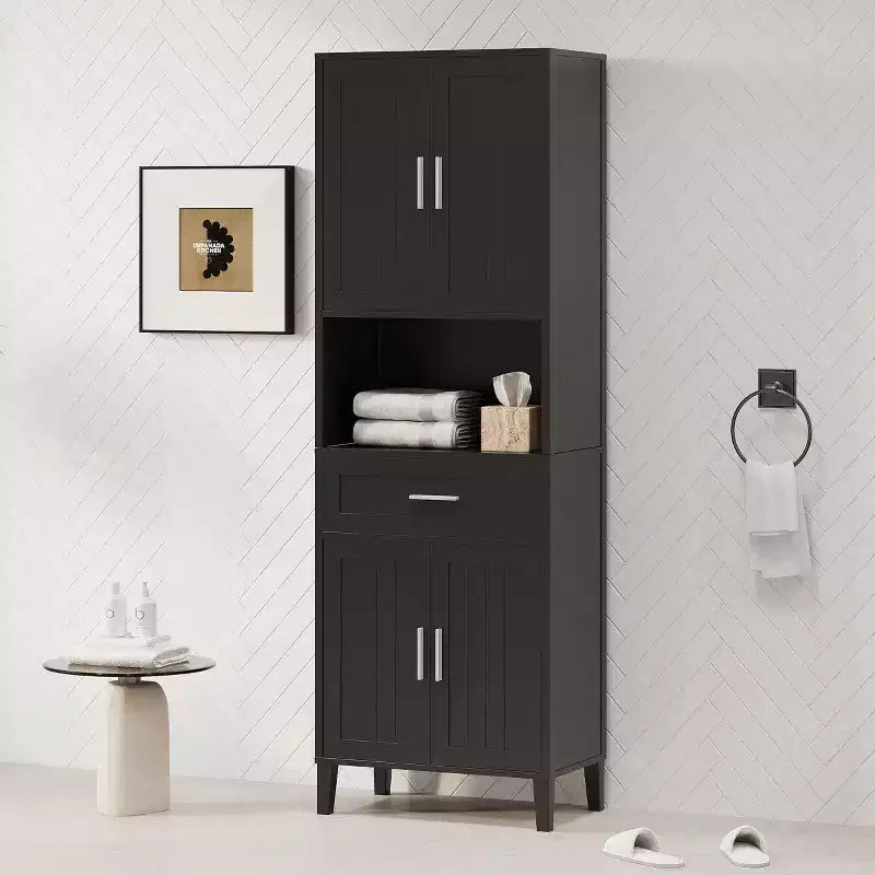 Meuble de salle de bain autoportant haut Okak avec portes et tiroirs/étagères, unité de rangement au sol pour salle de bain, cuisine