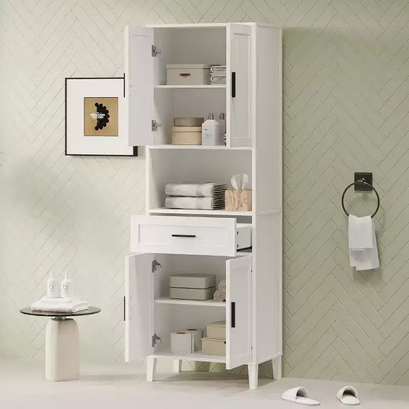 Meuble de salle de bain autoportant haut Okak avec portes et tiroirs/étagères, unité de rangement au sol pour salle de bain, cuisine