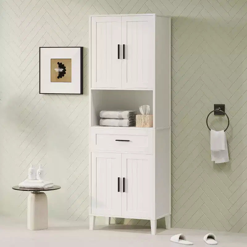 Meuble de salle de bain autoportant haut Okak avec portes et tiroirs/étagères, unité de rangement au sol pour salle de bain, cuisine