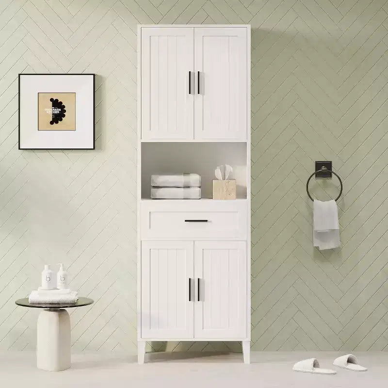 Meuble de salle de bain autoportant haut Okak avec portes et tiroirs/étagères, unité de rangement au sol pour salle de bain, cuisine