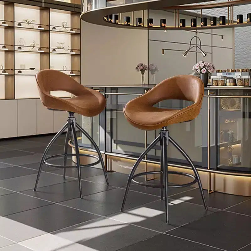 Karl Home 2 Piece Set of Brown Swivel Bar Stools with Hollow - out Backrest, PU Upholstery & Powder