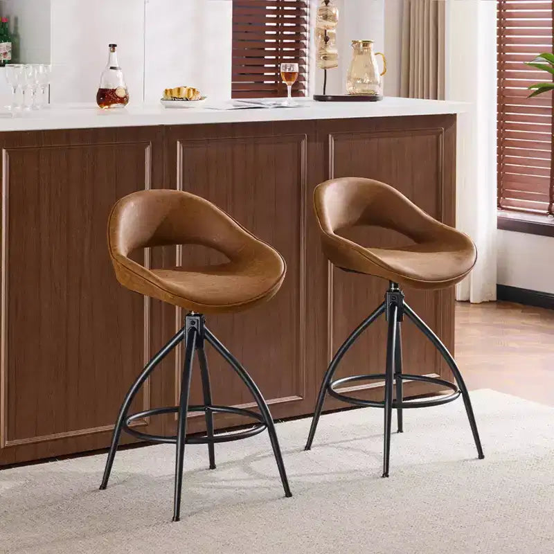 Karl Home 2 Piece Set of Brown Swivel Bar Stools with Hollow - out Backrest, PU Upholstery & Powder