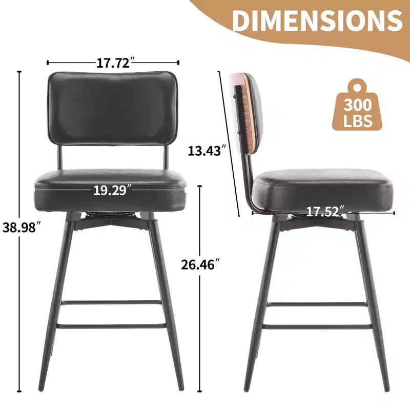 Karl Lot de 2 tabourets de bar en cuir PU noir et dossier en bois courbé, base en fer, pivotants