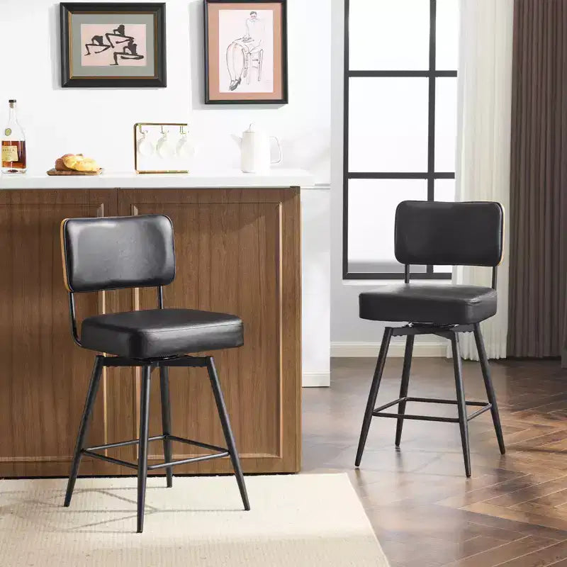 Karl Lot de 2 tabourets de bar en cuir PU noir et dossier en bois courbé, base en fer, pivotants