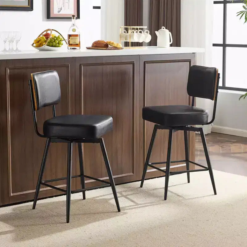Karl Lot de 2 tabourets de bar en cuir PU noir et dossier en bois courbé, base en fer, pivotants