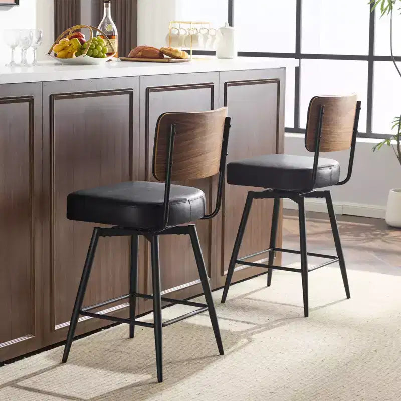 Karl Lot de 2 tabourets de bar en cuir PU noir et dossier en bois courbé, base en fer, pivotants