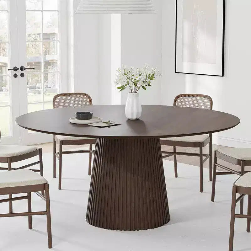 PexFix 60 Round Dining Table for 6 People Modern Pedestal Table with Fluted Cone Base & Wood MDF Top for Small Space Kitchen Dining Room Cafe Walnut