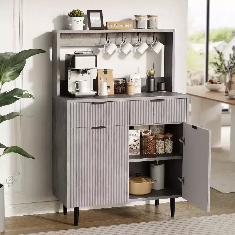 Fluted Sideboard Cabinet - Modern Storage Buffet with 2 Drawers & Adjustable Shelves