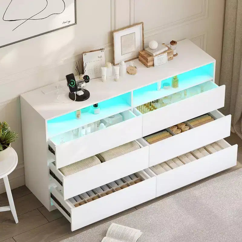 Coiffeuse moderne Dyonery à 6 tiroirs avec plateau coulissant, comprenant des tiroirs, un organiseur pour chambre à coucher, placard et salon