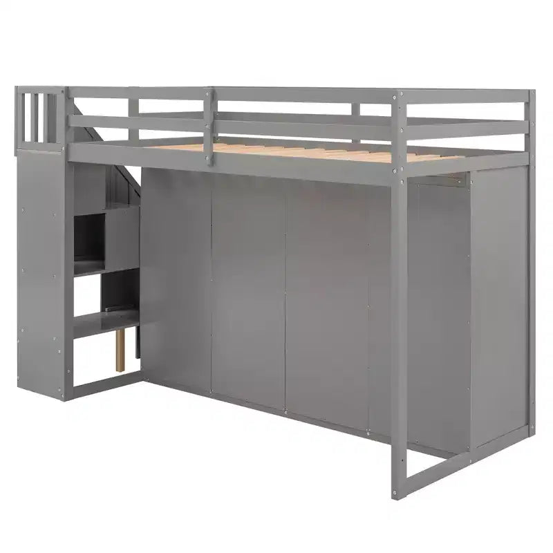 Lit mezzanine fonctionnel une place avec armoires et étagères, cadre de lit mezzanine en bois avec escalier de rangement et 2 tiroirs