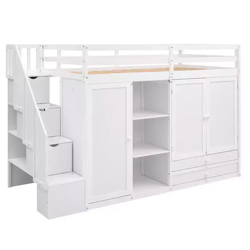 Lit mezzanine fonctionnel une place avec armoires et étagères, cadre de lit mezzanine en bois avec escalier de rangement et 2 tiroirs