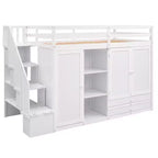 Lit mezzanine fonctionnel une place avec armoires et étagères, cadre de lit mezzanine en bois avec escalier de rangement et 2 tiroirs
