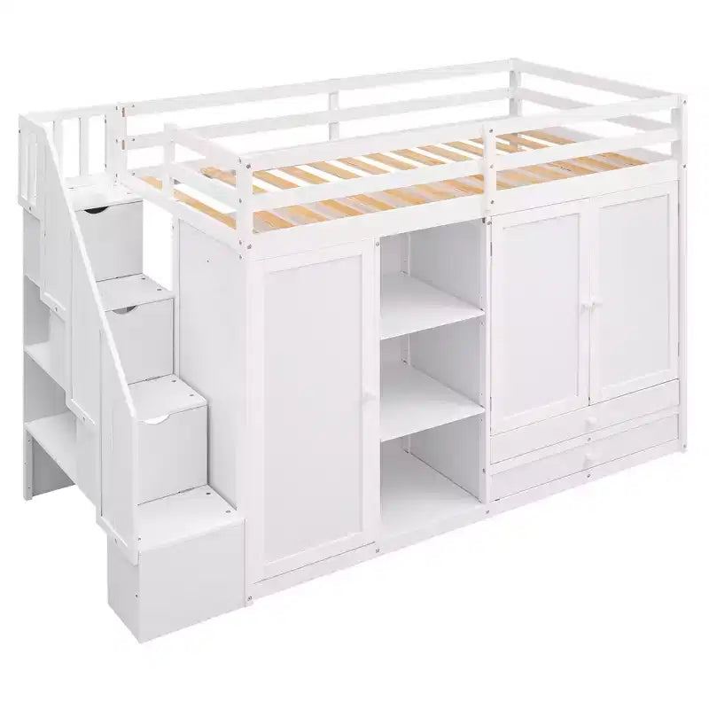 Lit mezzanine fonctionnel une place avec armoires et étagères, cadre de lit mezzanine en bois avec escalier de rangement et 2 tiroirs