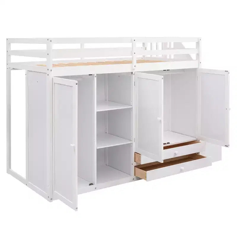 Lit mezzanine fonctionnel une place avec armoires et étagères, cadre de lit mezzanine en bois avec escalier de rangement et 2 tiroirs