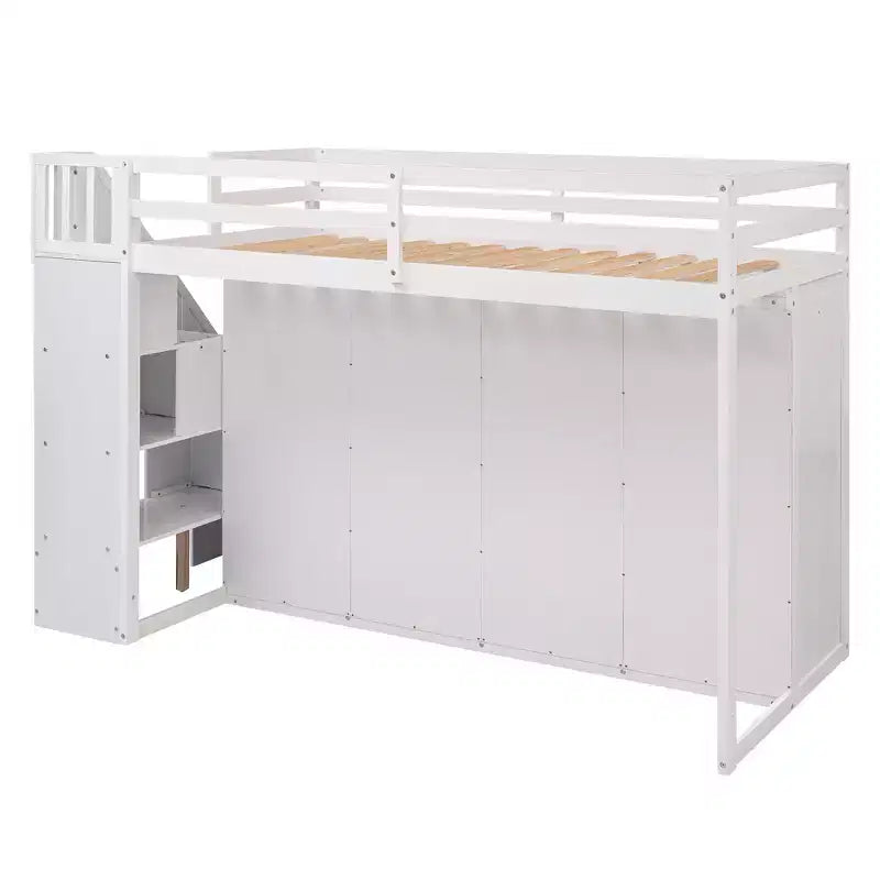 Lit mezzanine fonctionnel une place avec armoires et étagères, cadre de lit mezzanine en bois avec escalier de rangement et 2 tiroirs