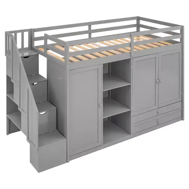 Lit mezzanine fonctionnel une place avec armoires et étagères, cadre de lit mezzanine en bois avec escalier de rangement et 2 tiroirs