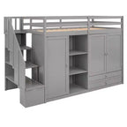 Lit mezzanine fonctionnel une place avec armoires et étagères, cadre de lit mezzanine en bois avec escalier de rangement et 2 tiroirs