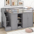 Twin Size Functional Loft Bed with Wardrobes and Shelves, Wood Loft Bed Frame with Storage Stairway ans 2 Drawers