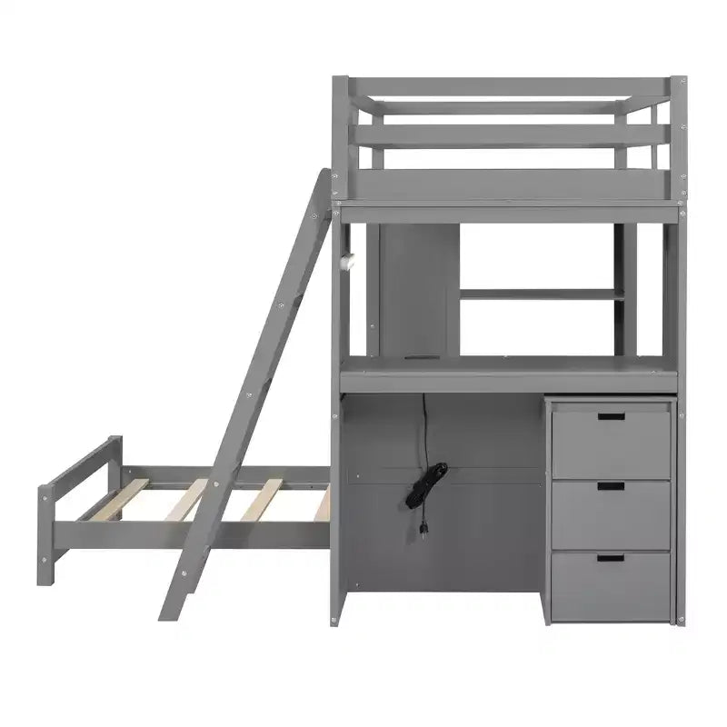 Twin over Twin Separable Bunk Beds with Desk and Drawers, Wood L-Shape Bunk Bed Frame with USB Ports and LED Ligh for Kids Teens