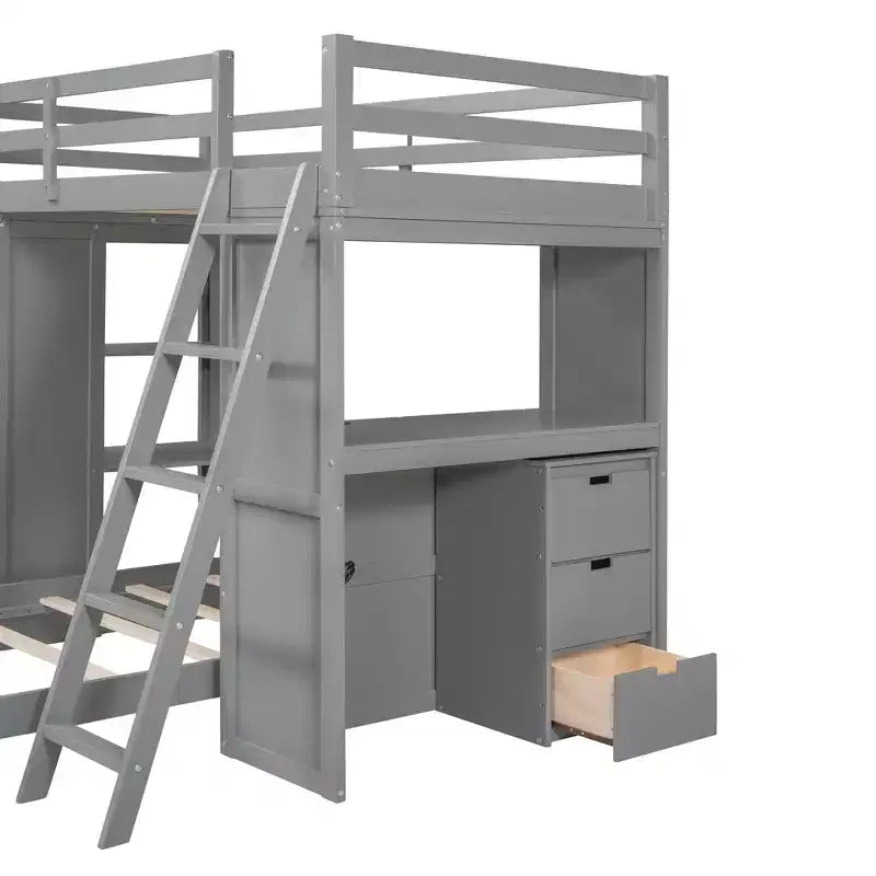 Twin over Twin Separable Bunk Beds with Desk and Drawers, Wood L-Shape Bunk Bed Frame with USB Ports and LED Ligh for Kids Teens