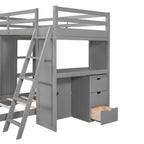 Twin over Twin Separable Bunk Beds with Desk and Drawers, Wood L-Shape Bunk Bed Frame with USB Ports and LED Ligh for Kids Teens