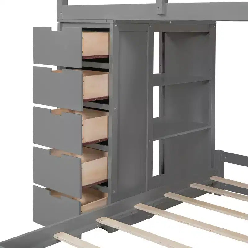 Twin over Twin Separable Bunk Beds with Desk and Drawers, Wood L-Shape Bunk Bed Frame with USB Ports and LED Ligh for Kids Teens