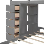 Twin over Twin Separable Bunk Beds with Desk and Drawers, Wood L-Shape Bunk Bed Frame with USB Ports and LED Ligh for Kids Teens