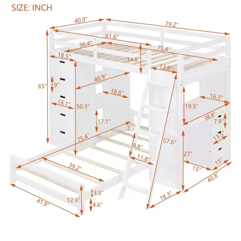 Twin over Twin Separable Bunk Beds with Desk and Drawers, Wood L-Shape Bunk Bed Frame with USB Ports and LED Ligh for Kids Teens