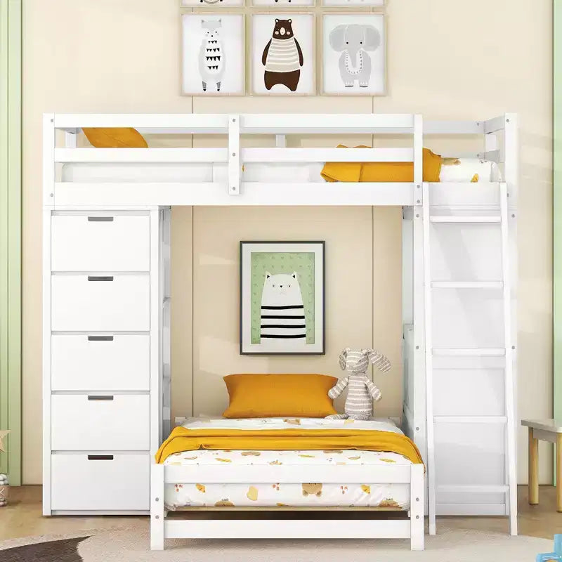 Twin over Twin Separable Bunk Beds with Desk and Drawers, Wood L-Shape Bunk Bed Frame with USB Ports and LED Ligh for Kids Teens