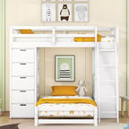 Twin over Twin Separable Bunk Beds with Desk and Drawers, Wood L-Shape Bunk Bed Frame with USB Ports and LED Ligh for Kids Teens