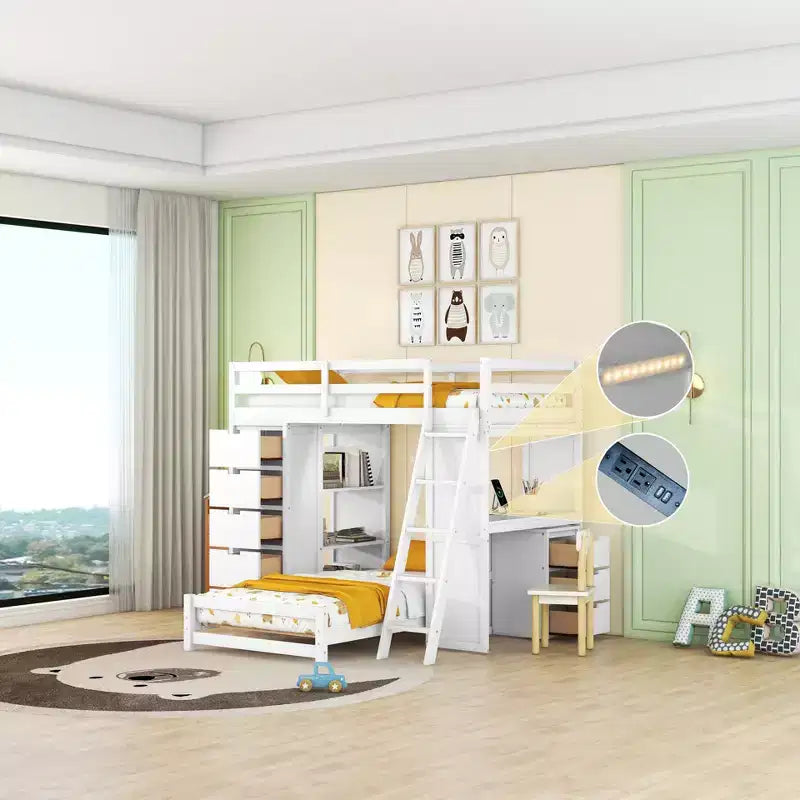 Twin over Twin Separable Bunk Beds with Desk and Drawers, Wood L-Shape Bunk Bed Frame with USB Ports and LED Ligh for Kids Teens