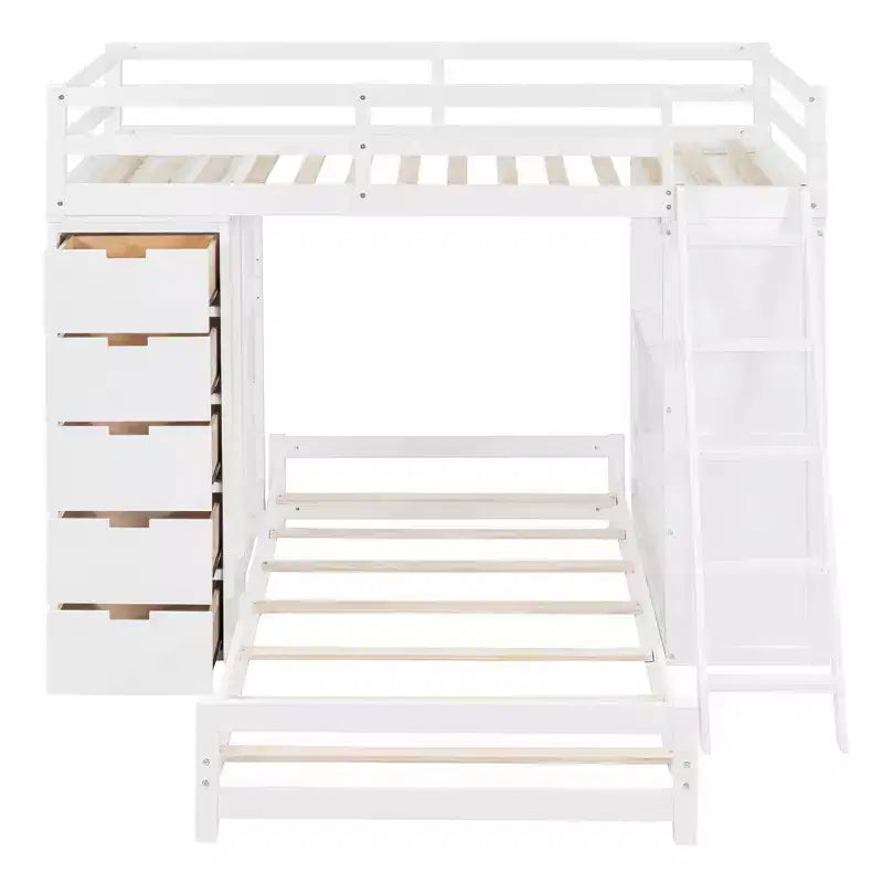 Twin over Twin Separable Bunk Beds with Desk and Drawers, Wood L-Shape Bunk Bed Frame with USB Ports and LED Ligh for Kids Teens