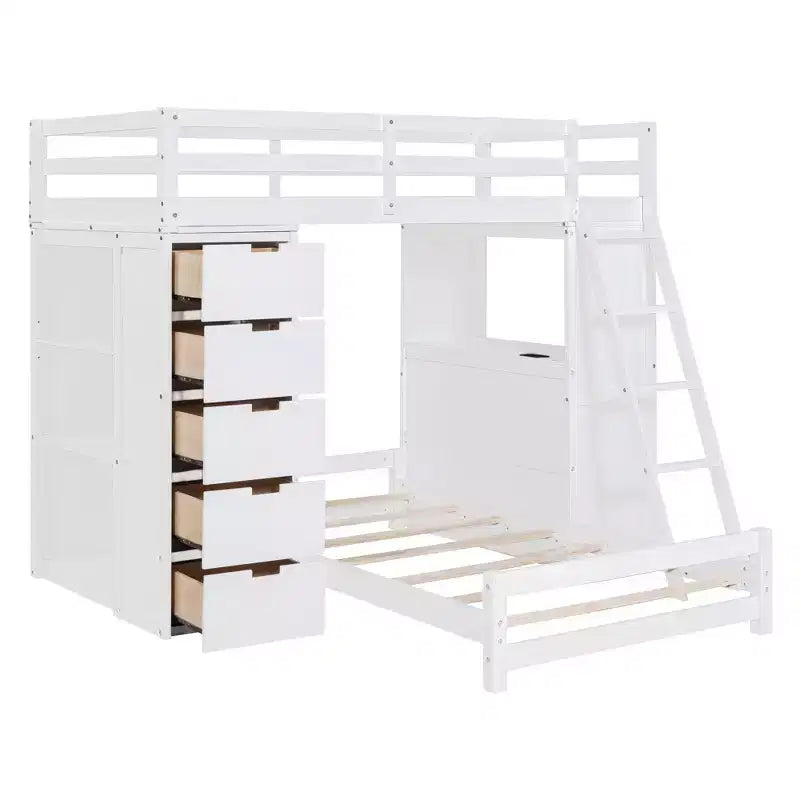 Twin over Twin Separable Bunk Beds with Desk and Drawers, Wood L-Shape Bunk Bed Frame with USB Ports and LED Ligh for Kids Teens