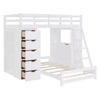 Twin over Twin Separable Bunk Beds with Desk and Drawers, Wood L-Shape Bunk Bed Frame with USB Ports and LED Ligh for Kids Teens