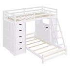 Twin over Twin Separable Bunk Beds with Desk and Drawers, Wood L-Shape Bunk Bed Frame with USB Ports and LED Ligh for Kids Teens