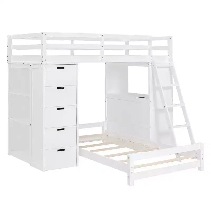 Twin over Twin Separable Bunk Beds with Desk and Drawers, Wood L-Shape Bunk Bed Frame with USB Ports and LED Ligh for Kids Teens