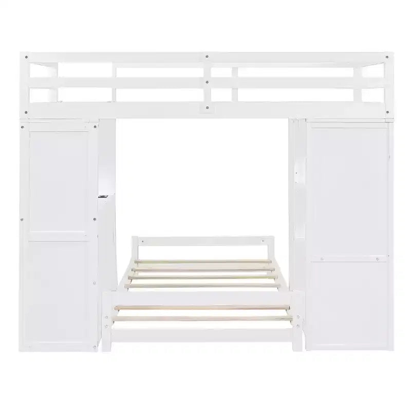 Twin over Twin Separable Bunk Beds with Desk and Drawers, Wood L-Shape Bunk Bed Frame with USB Ports and LED Ligh for Kids Teens