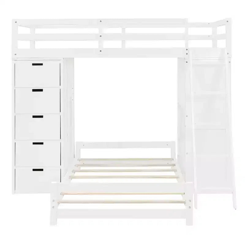 Twin over Twin Separable Bunk Beds with Desk and Drawers, Wood L-Shape Bunk Bed Frame with USB Ports and LED Ligh for Kids Teens