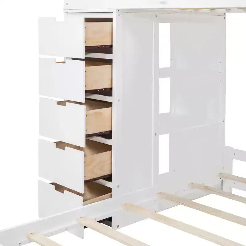 Twin over Twin Separable Bunk Beds with Desk and Drawers, Wood L-Shape Bunk Bed Frame with USB Ports and LED Ligh for Kids Teens
